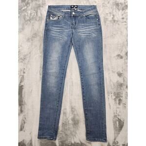 C-Jes Jeans Low Rise Skinny Jeans Size 9 Blue Studded Embroidered Stretch Denim